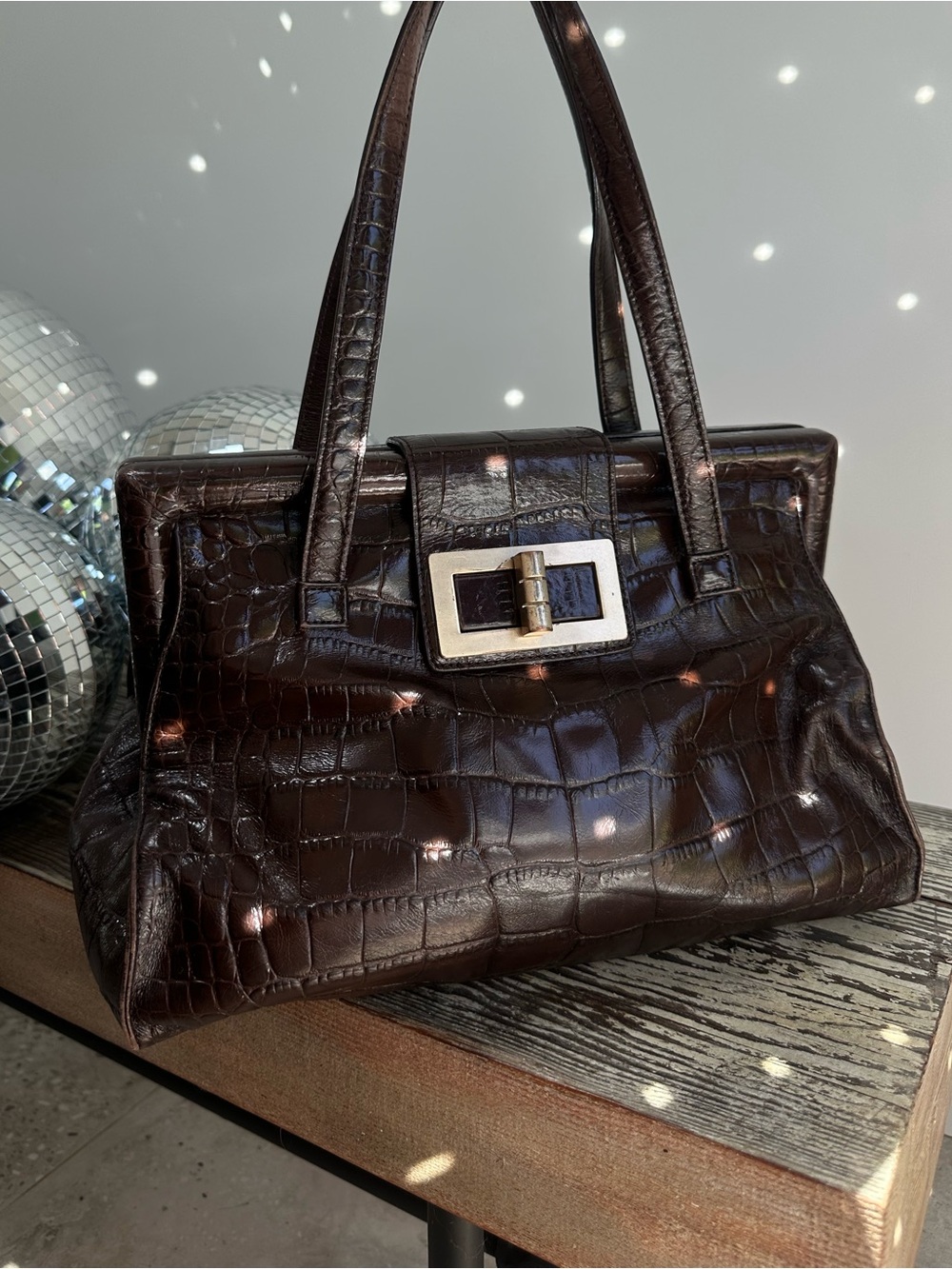 Talbot Handbag Croc-Embossed Leather Bag- Dark Brown